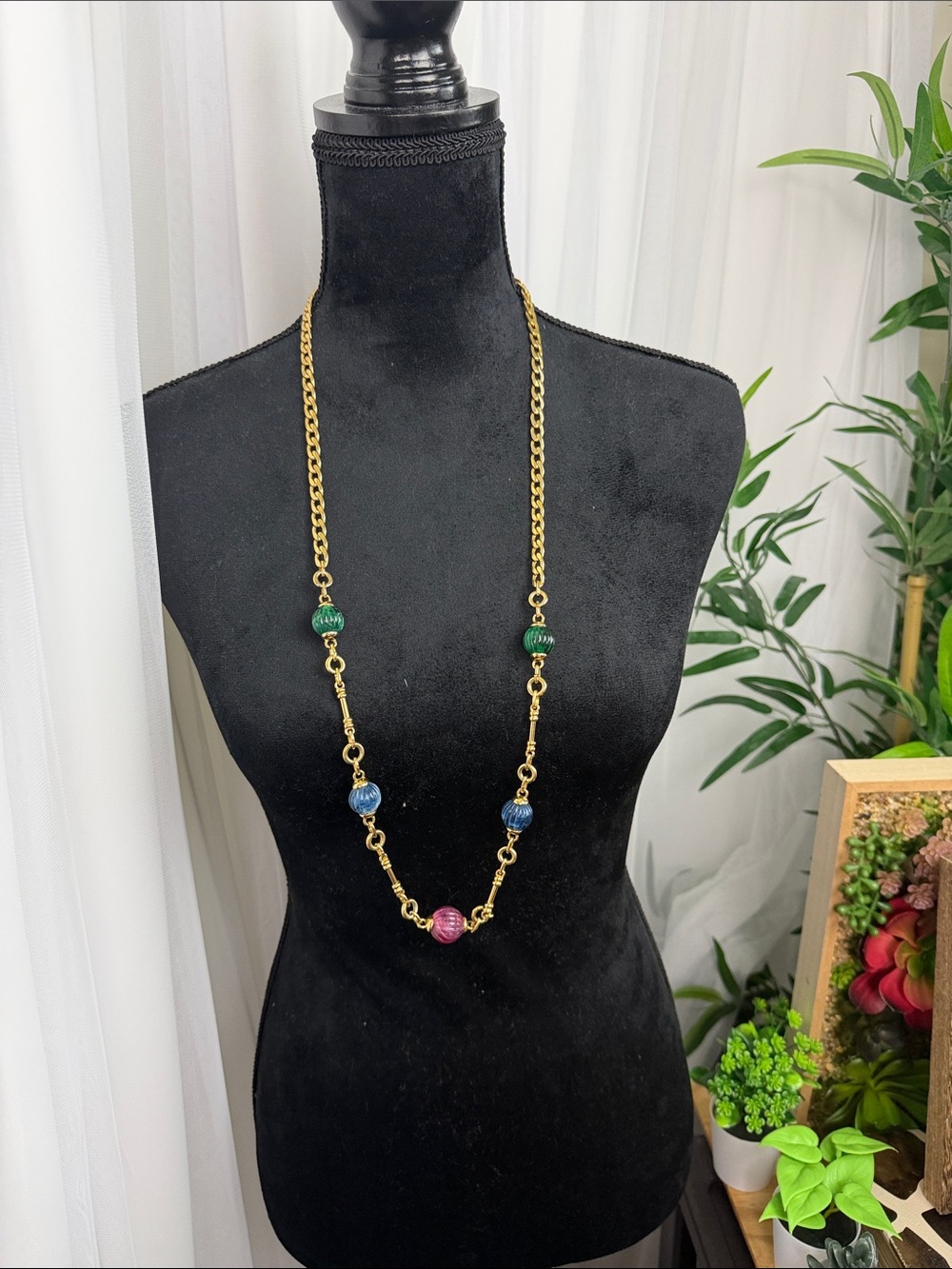 AFJ Gold-tone Long Beaded Pendant Necklace with Green, Blue & Pink Accents